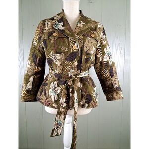 Patty Kim Quilted Jacket M Dark Green Floral Belted Artsy‎ Lightweight Boho